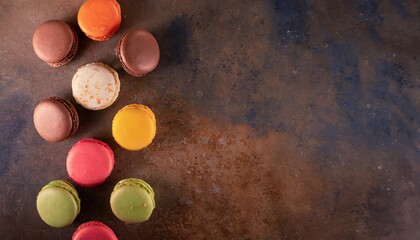 Obraz na płótnie Canvas French colorful macarons background. colorful macarons dessert with vintage tones. AI Generated.
