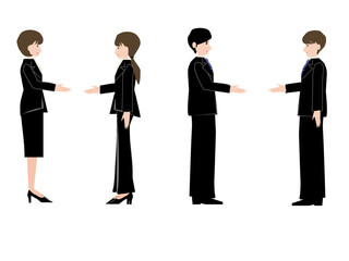 握手や挨拶をするスーツを着た男性と女性のビジネスマン