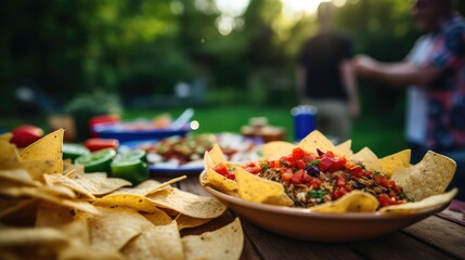 Tortilla chips and bean dip served at an outdoor party - obrazy, fototapety, plakaty