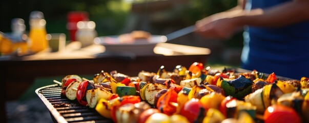 Vegetable kebabs on an outdoor grill at a party in summertime
