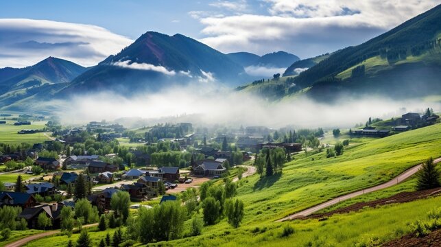 village in summer with clouds and foggy mist morning and houses on hillside with green trees