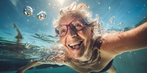 A mature citizen in good health swimming in a mineral-water pool at a public facility. Generative Ai. - obrazy, fototapety, plakaty