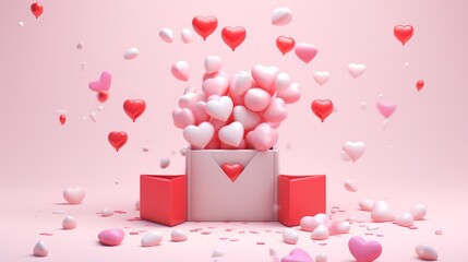 CAdorable message of love emerging from an open gift box surrounded by balloons in the shape of hearts and confetti. Scene design in 3D. Ideal for Mother's Day and Valentine's Day.