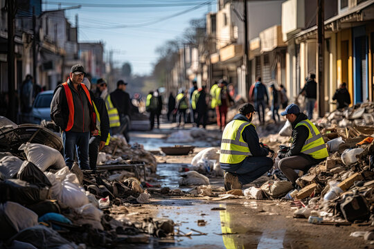 two men working on trash in the middle of an urban street with people walking and cars parked along the road