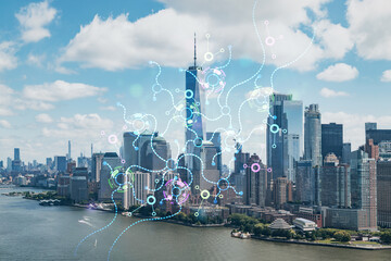 Aerial panoramic helicopter city view of Lower Manhattan and Downtown financial district, New York, USA. Artificial Intelligence concept, hologram. AI, machine learning, neural network, robotics - obrazy, fototapety, plakaty