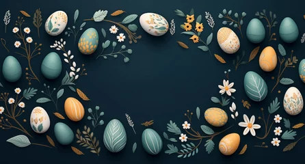 Fotobehang Easter eggs with banner with handwritten happy easter greeting on dark blue ground 2 © mahamudul