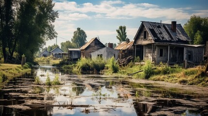 Fototapeta premium derelict village on the river bank, abandoned wooden houses with empty windows