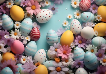 An easter sale with colorful eggs and flowers background