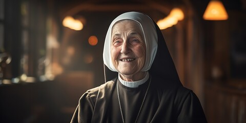 Senior nun with a happy smile dressed in traditional clothing. Generative Ai.