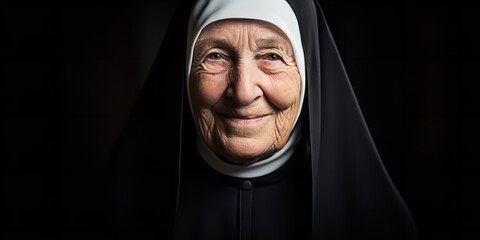 Senior nun with a happy smile dressed in traditional clothing. Generative Ai. - obrazy, fototapety, plakaty