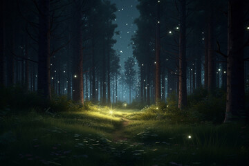 Mystical dark forest at night with moonlight. 3D rendering