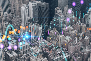 Fototapeta premium Aerial birds eye panoramic city view of Upper Manhattan area and East Side neighborhoods, New York city, USA. Forex candlestick graph hologram. The concept of internet trading, brokerage, analysis