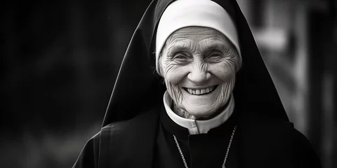Fotobehang Senior nun with a happy smile dressed in traditional clothing. Generative Ai. © MinixT