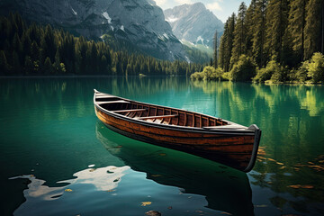 old wooden boat on lake shore with beautiful mountain and trees landscape - obrazy, fototapety, plakaty