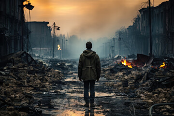 a man walking down a street in the middle of an urban area with debris scattered on the ground and buildings