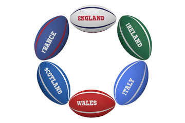Digital png illustration of rugby balls with names of countries on transparent background
