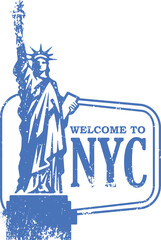 Digital png illustration of welcome to nyc text and statue of liberty on transparent background