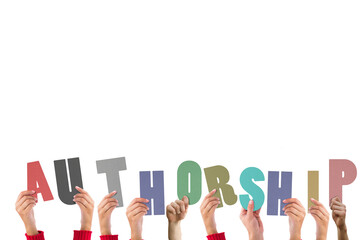 Digital png illustration of hands holding authorship text on transparent background