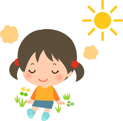 原っぱに座り日射しを浴びる女の子、日光浴