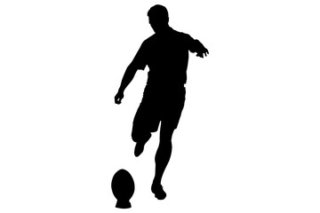 Fototapeta na wymiar Digital png silhouette image of man kicking ball on transparent background