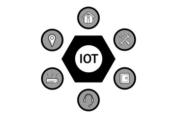 Digital png illustration of media icons and iot text on transparent background