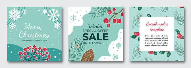 Christmas posters. Set of christmas banners. Merry Christmas. Happy New Year.. Christmas plants. Winter pattern. for social media.