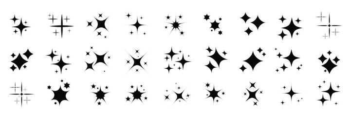 Set of stars on black background. Sparkle star icons. Different black sparkles icons. Collection of star sparkles symbol. Stars sparkles. Vector