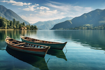 old wooden boat on lake shore with beautiful mountain and trees landscape