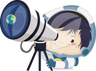 Digital png illustration of happy boy looking on periscope with earth on transparent background