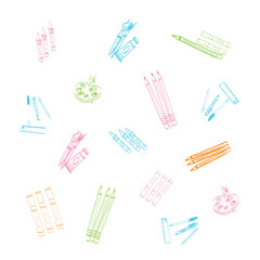 Digital png illustration of colourful crayons, markers and writing tools on transparent background