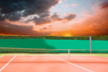 Digital png photo of tennis court and sky during sunset on transparent background