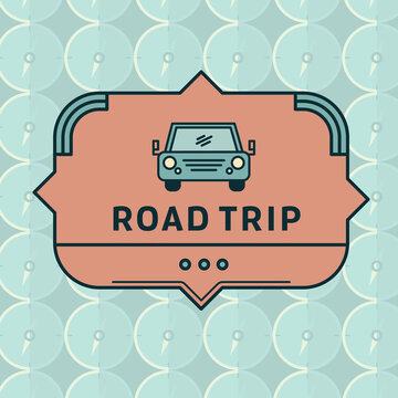 Digital png illustration of blue card with car and road trip text on transparent background
