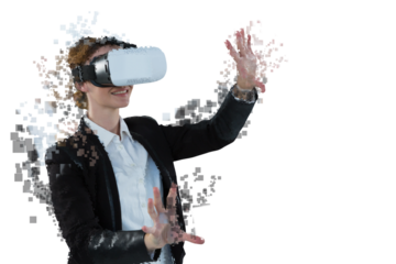 Digital png photo of happy caucasian businesswoman using vr glasses on transparent background