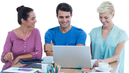 Digital png photo of caucasian colleagues using laptop and tablet on transparent background