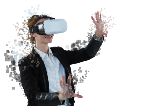 Digital png photo of happy caucasian businesswoman using vr glasses on transparent background