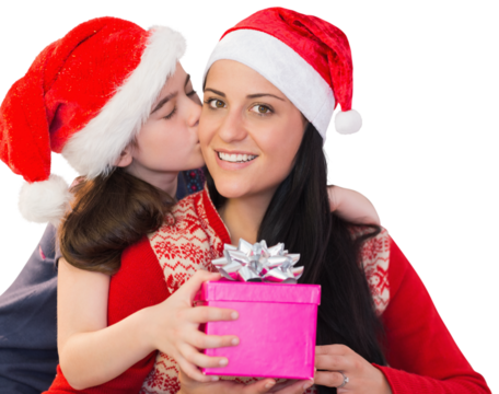 Digital png photo of caucasian girl in santa hat kissing mother on transparent background