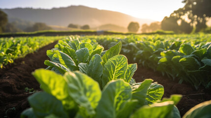 Fototapeta premium Agriculture, Field of organic lettuce growing in a sustainable farm.