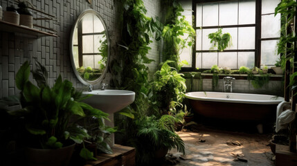 Fototapeta na wymiar Bathroom with subway tile and a variety of dark green plants of deep forest style.