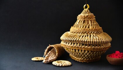 Handicraft handmade from natural product, wicker basket, woven bamboo plate and basket, weave rattan sheet. Eco friendy and sustainable concept. AI Generated.