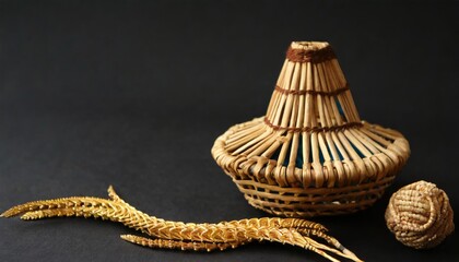 Fototapeta premium Handicraft handmade from natural product, wicker basket, woven bamboo plate and basket, weave rattan sheet. Eco friendy and sustainable concept. AI Generated.