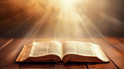 Photograph of an open Bible on a wooden table with a beam of soft, heavenly light shining upon it,...