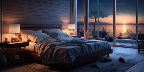 A bedroom that is designed to be both relaxing and peaceful, with a focus on using light and color to create a sense of calm and serenity. AI Generative - obrazy, fototapety, plakaty