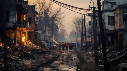 A street scene in a village devastated by bombing