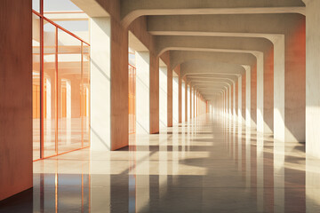 Naklejka premium a long hallway with concrete walls in the background