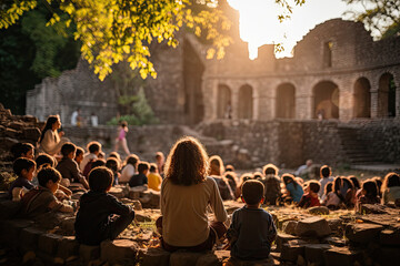 a group of people sitting on the ground in front of an old building with sunlight shining through trees and buildings