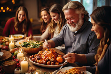 a family enjoying thanksgiving dinner at the dining table with candles on each side and one man holding a fork in his mouth