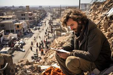 a man sitting on the side of a road looking at his cell while he is writing in front of him