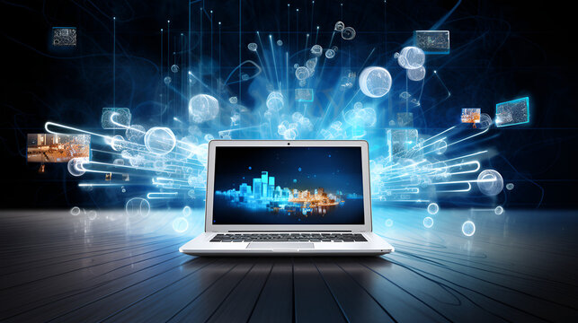 Laptop on technology background,Devices Connected Stock Illustrations.laptop with network,Exploring Data Exchange,AI Generated