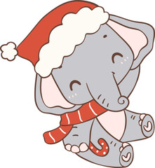 Christmas Elephant with Santa Hat Cartoon Animal Hand Drawing. 