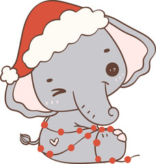 Christmas Elephant with Santa Hat Cartoon Animal Hand Drawing. 